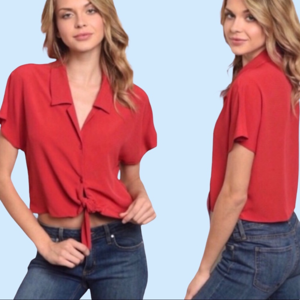 ❌DONATED❌Red Burgundy Knot Tie Button Down Collared V-neck Top - Picture 2 of 10